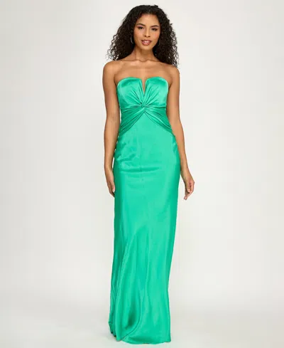 City Studios Junior's Strapless Sweetheart Twist-front Satin Maxi Dress In Green