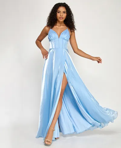 City Studios Junior's V-neck Organza A-line Maxi Dress In Blue