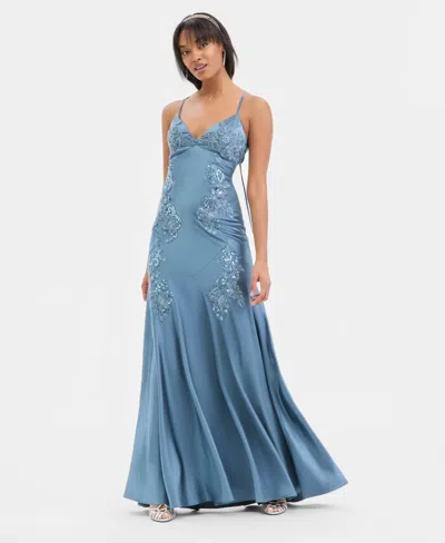 City Studios Juniors' Applique Satin Gown In Blue