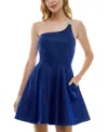 City Studios Juniors' Asymmetric One-shoulder Glitter Fit & Flare Dress In Bright Roy
