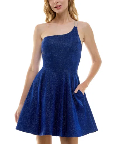 City Studios Juniors' Asymmetric One-shoulder Glitter Fit & Flare Dress In Bright Roy