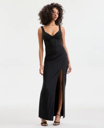 City Studios Juniors' Beaded-bodice High-slit Gown In Black