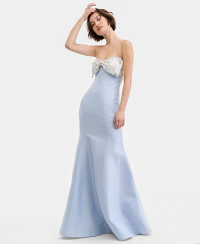 City Studios Juniors' Beaded Bow Top Satin Strapless Long Mermaid Dress With Horsehem, Created For Macy's In Blue