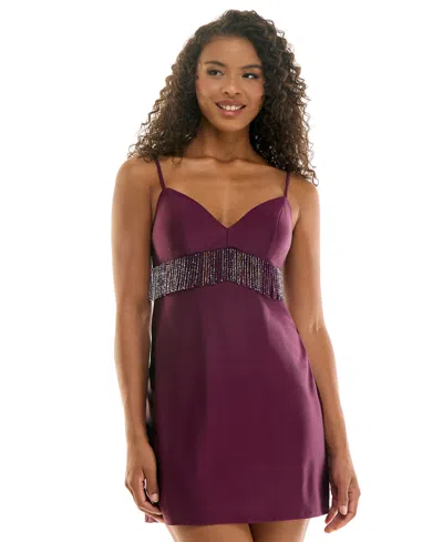 City Studios Juniors' Beaded Fringe Trim Satin Short Dress In Purple
