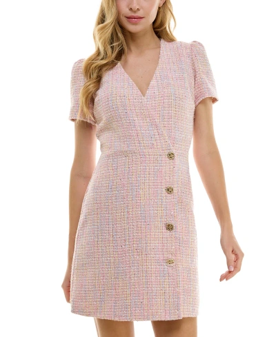 City Studios Juniors' Boucle-knit Button-front Dress In Pink,multi