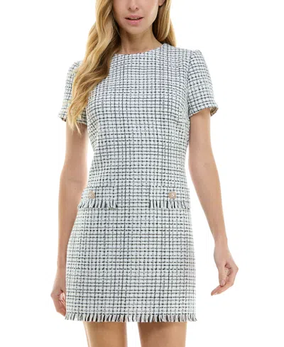 City Studios Juniors' Check Fringe-trim Shift Dress In White,blac