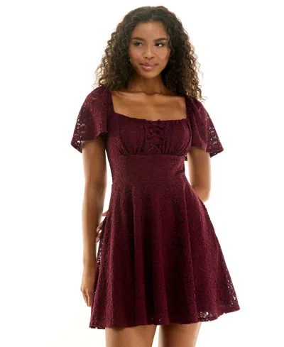 City Studios Juniors' City Vibe Square Neck Lace Fit & Flare Dress In Wine