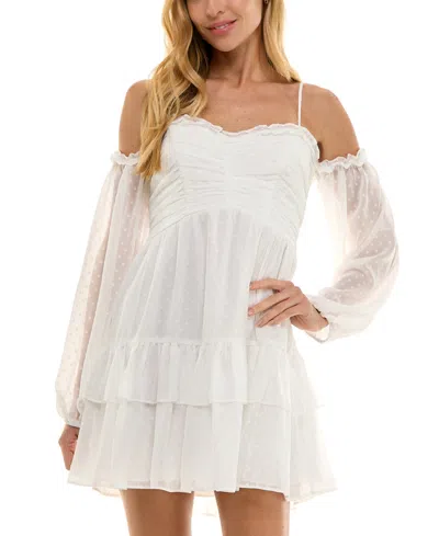 City Studios Juniors' Clip Dot Blouson-sleeve A-line Dress In White