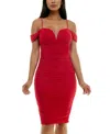 City Studios Juniors' Cold-shoulder Glitter-mesh Ruched Dress In Red Apple