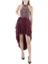 City Studios Juniors Corkscrew Womens Mesh Embellished Cocktail And Party Dress In Red