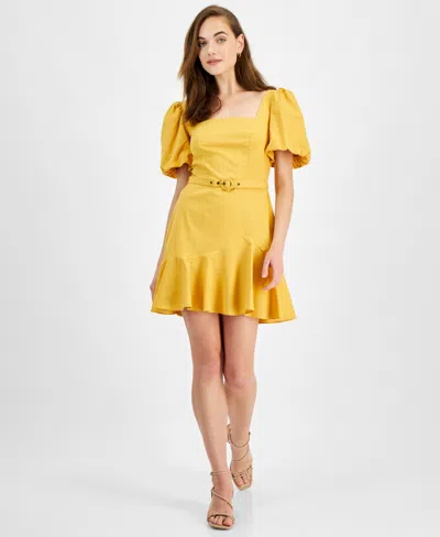 City Studios Juniors' Cotton Balloon-sleeve Belted Mini Dress In Mustard
