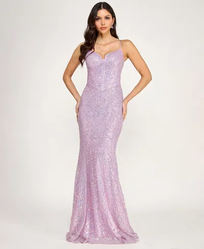 City Studios Juniors' Cracked Ice Sweetheart Neck Sequin Gown In Purple