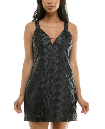City Studios Juniors' Diamond-pleated Satin Mini Dress In Black