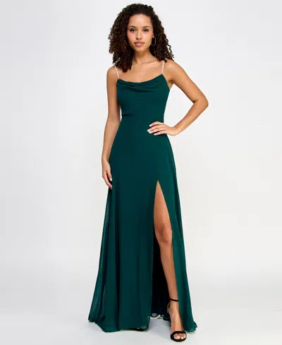 City Studios Juniors' Drape-neck Faux-peal-strap Gown In Deep Forest