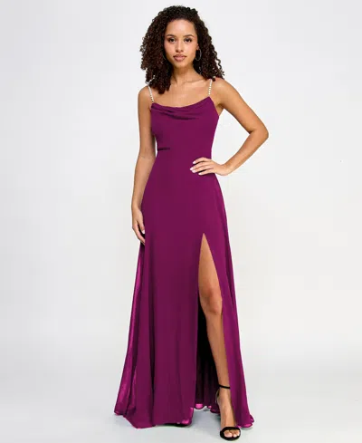 City Studios Juniors' Drape-neck Faux-peal-strap Gown In Purple