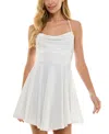 City Studios Juniors' Drape-neck Glitter Skater Dress In Ivory,silv