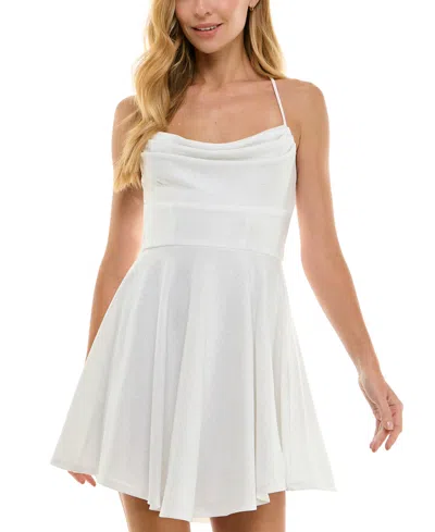 City Studios Juniors' Drape-neck Glitter Skater Dress In Ivory,silv