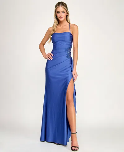 City Studios Juniors' Drape Neck Side Ruffle Gown In Blue