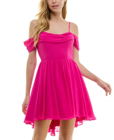City Studios Juniors' Draped Off-the-shoulder Fit & Flare Dress In Pink