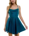 City Studios Juniors' Draped Sleeveless Satin Fit & Flare Dress In Med.teal