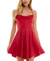 City Studios Juniors' Draped Sleeveless Satin Fit & Flare Dress In Scarlet