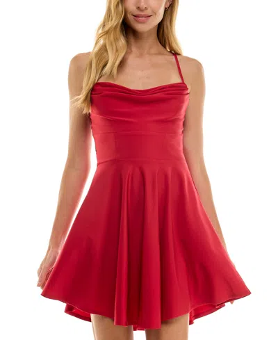 City Studios Juniors' Draped Sleeveless Satin Fit & Flare Dress In Scarlet