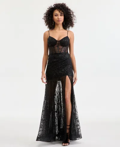 City Studios Juniors' Drop-waist Mesh-skirt Gown In Black