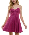 City Studios Juniors' Embellished Glitter Sleeveless Fit & Flare Dress In Med.magent