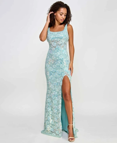 City Studios Juniors' Embellished Lace Square-neck Gown In Seafoam