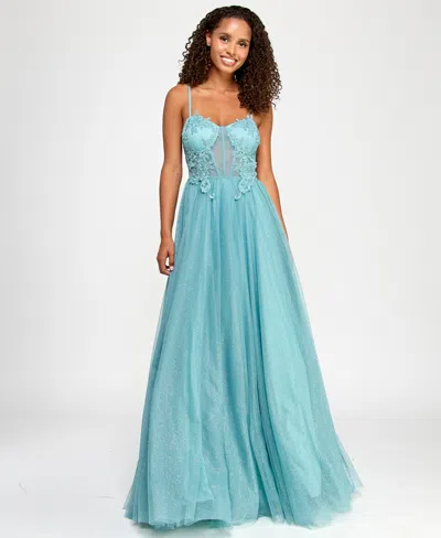 City Studios Juniors' Embellished Lace-trim Corset Gown In Sea Blue
