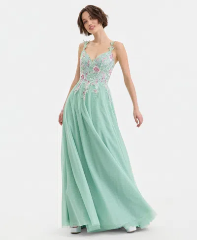 City Studios Juniors' Embroidered Applique Mesh Gown In Green