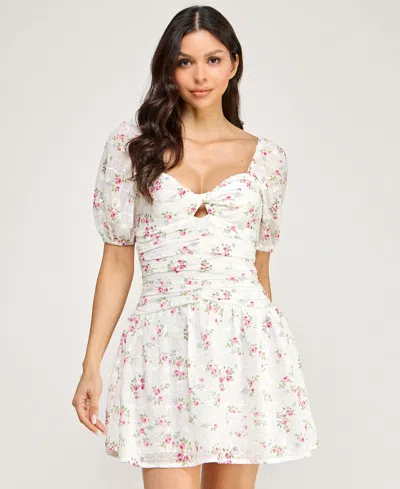 City Studios Juniors' Embroidered Floral Puff-sleeve Cutout Dress In White