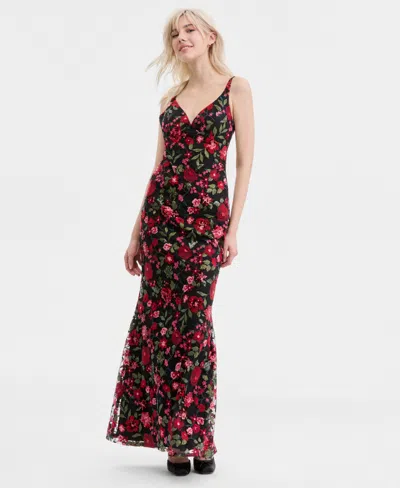 City Studios Juniors' Embroidered Sequined Gown, Created For Macy's In Red