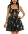 City Studios Juniors' Embroidered Tulle Mesh Sleeveless Dress In Blk,pink