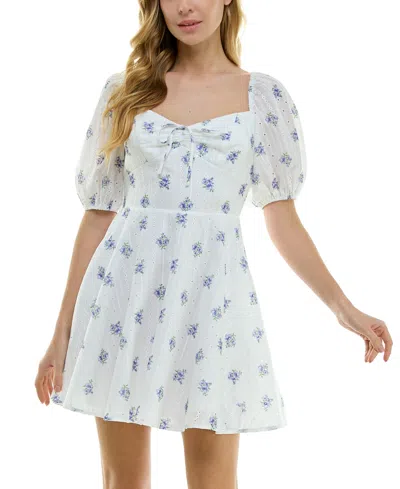 City Studios Juniors' Eyelet Floral Print Puff-sleeve Fit & Flare Dress In White,blue