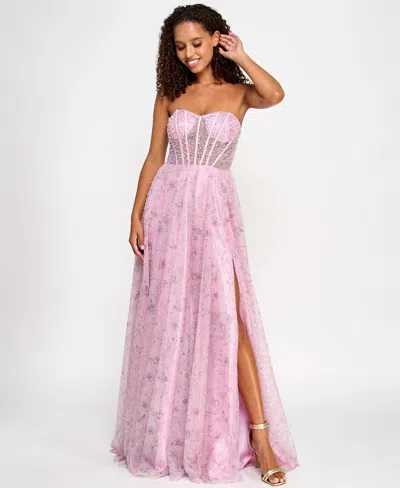 City Studios Juniors' Faux-pearl Glitter Rhinestone Tulle Ball Gown, Created For Macy's In Pink,sky