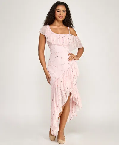 City Studios Juniors' Floral Embroidered Asymmetric Ruffle Hem Midi Dress In Pink