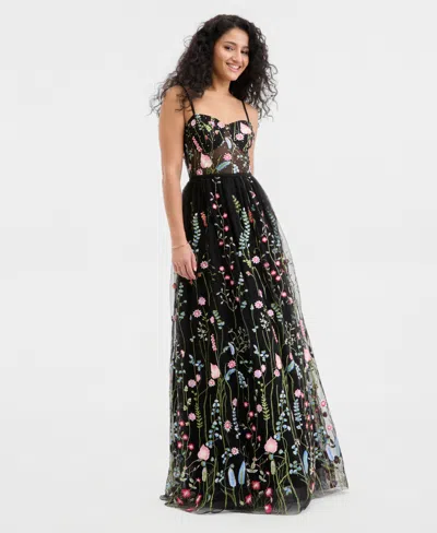City Studios Juniors' Floral Embroidered Mesh Gown, Created For Macy's In Black Multi