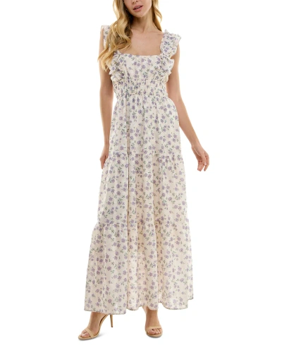City Studios Juniors' Floral-embroidery Tiered Maxi Dress In Cream,purple