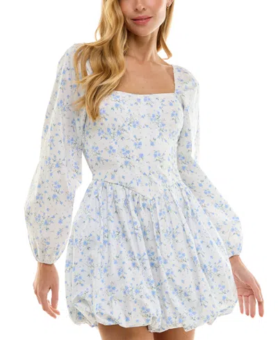 City Studios Juniors' Floral-print Bubble Dress In Cream,blue