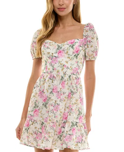 City Studios Juniors' Floral-print Eyelet Dress In Pink