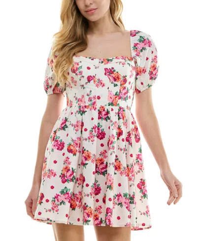 City Studios Juniors' Floral Print Puff-sleeve Fit & Flare Dress In Blush,mage