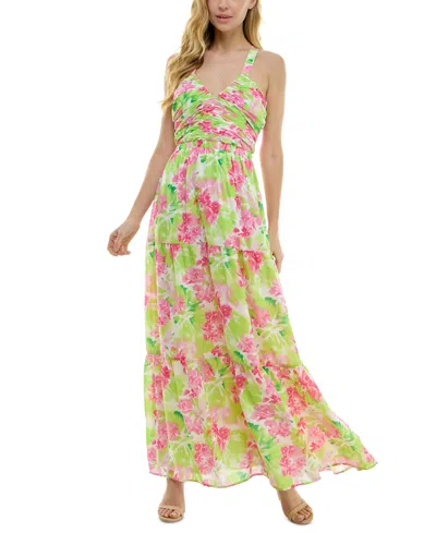 City Studios Juniors' Floral Print Sleeveless Tiered Maxi Dress In Lime Pink