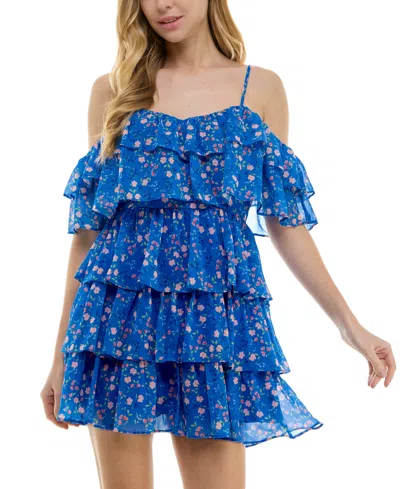 City Studios Juniors' Floral Print Tiered Ruffled Fit & Flare Dress In Blue,coral