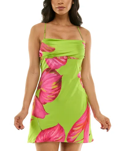 City Studios Juniors' Floral Satin Draped-neck Mini Dress In Lt,pas Grn