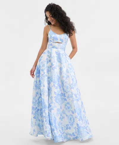 City Studios Juniors' Floral Scoop-neck Satin Gown In Blue