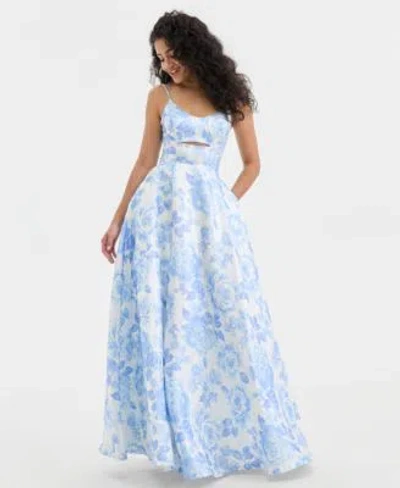 City Studios Juniors Floral Scoop Neck Satin Gown In Multi