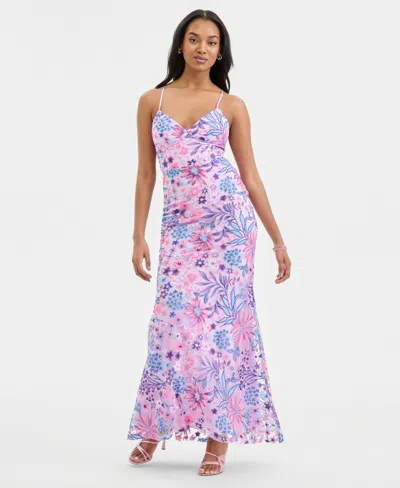 City Studios Juniors' Floral-sequinned Evening Gown, Created For Macy's In Multi