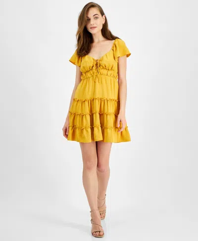 City Studios Juniors' Flutter-sleeve Tiered Mini Dress In Mustard