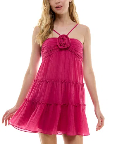 City Studios Juniors' Gauzy Rosette Mini Dress In Dark Pink